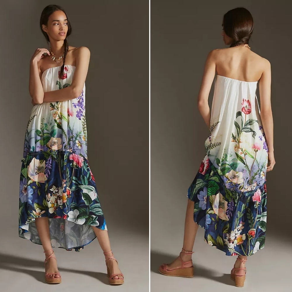 Anthropologie Strapless Floral High-Low Midi Dress